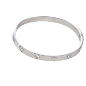 Stainless Steel Bangle with Cubic Zirconia & Engraved Hearts
